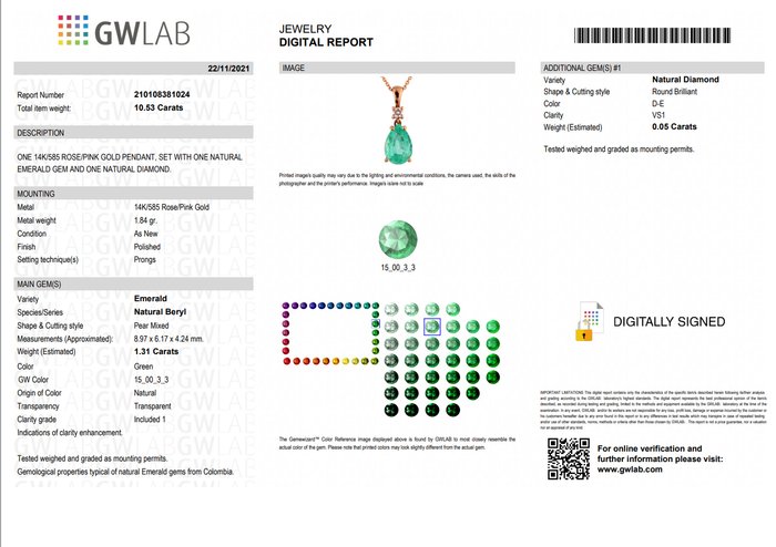 Vedhæng - 14 karat Rosaguld -  1.36ct. tw. Smaragd - Diamant - Grønt smaragd vedhæng