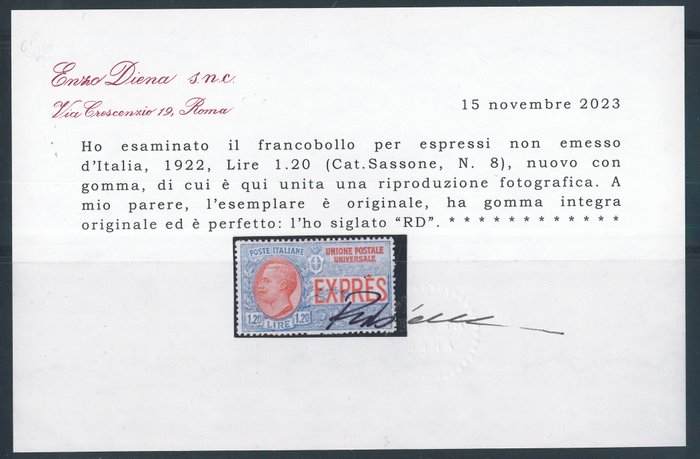 Italien Kongerige  - 1,20 lire ikke udstedt n. 8. Fremragende centrering. Cert. R. Diena.