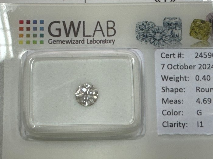 Ingen mindstepris - 1 pcs Diamant  (Natur)  - 0.40 ct - Rund - G - I1 - Gemewizard Gemological Laboratory (GWLab)