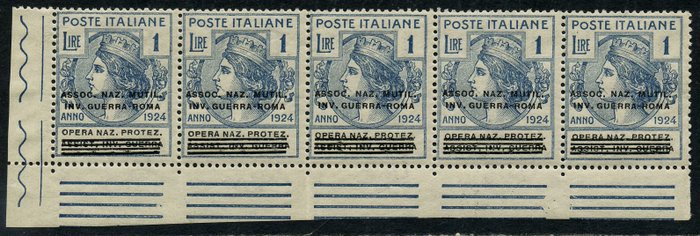 Italien 1924 - Parastatals 1 lire, strimmel af 5 eksemplarer med overtryk flyttet nedad og skråt. Smukt - Sassone N. 75baa