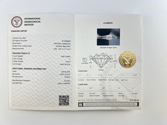 1 pcs Diamant  (Natur)  - 0.50 ct - Rund - F - VVS2 - International Gemological Institute (IGI)