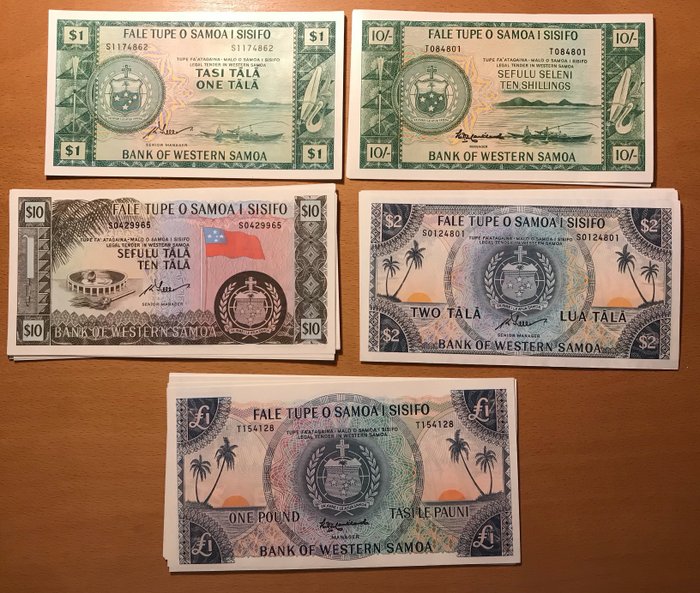 Vestsamoa. - 12 x 10 shillings, 10 x 1, 10 x 2, 8 x 10, 7 x 1 - 47 banknotes in total Dollars 2020 - Reprints - prefix "T" , "S"  (Ingen mindstepris)