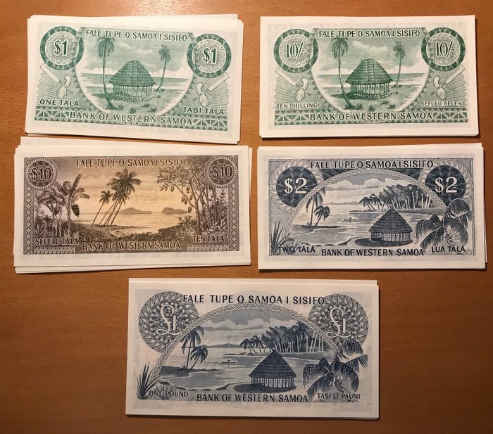 Vestsamoa. - 12 x 10 shillings, 10 x 1, 10 x 2, 8 x 10, 7 x 1 - 47 banknotes in total Dollars 2020 - Reprints - prefix "T" , "S"  (Ingen mindstepris)