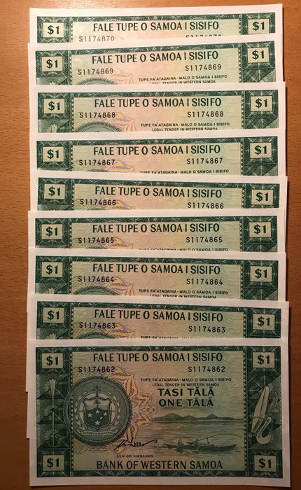 Vestsamoa. - 12 x 10 shillings, 10 x 1, 10 x 2, 8 x 10, 7 x 1 - 47 banknotes in total Dollars 2020 - Reprints - prefix "T" , "S"  (Ingen mindstepris)