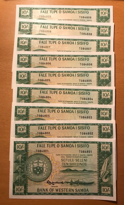 Vestsamoa. - 12 x 10 shillings, 10 x 1, 10 x 2, 8 x 10, 7 x 1 - 47 banknotes in total Dollars 2020 - Reprints - prefix "T" , "S"  (Ingen mindstepris)