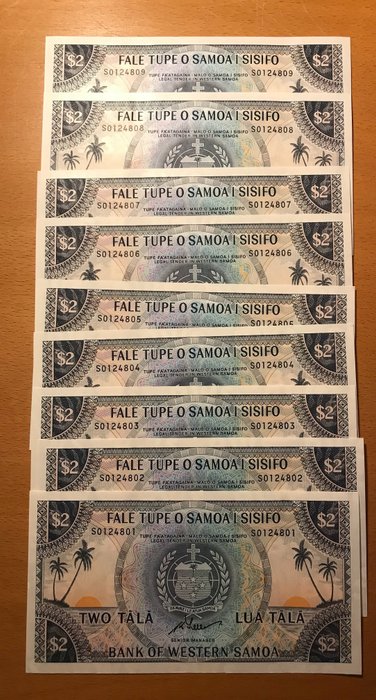 Vestsamoa. - 12 x 10 shillings, 10 x 1, 10 x 2, 8 x 10, 7 x 1 - 47 banknotes in total Dollars 2020 - Reprints - prefix "T" , "S"  (Ingen mindstepris)