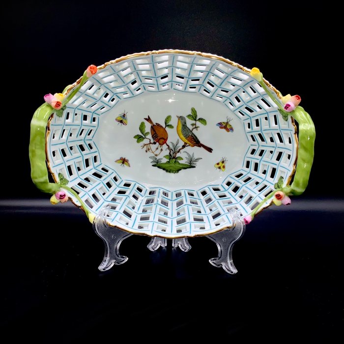 Herend - Artwork Large Oval Breakthrough Centerpiece (28 cm) - "Rothschild Bird" Pattern - Kurv - Håndmalet porcelæn