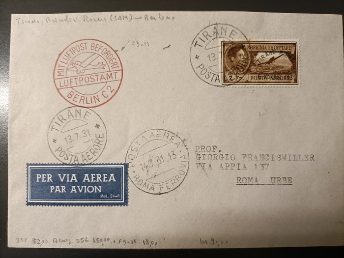 Albanien 1931 - Luftpostbrev med 2f luftpost med specialflyvning Tirana Brindisi Rom sjælden - Michel A34