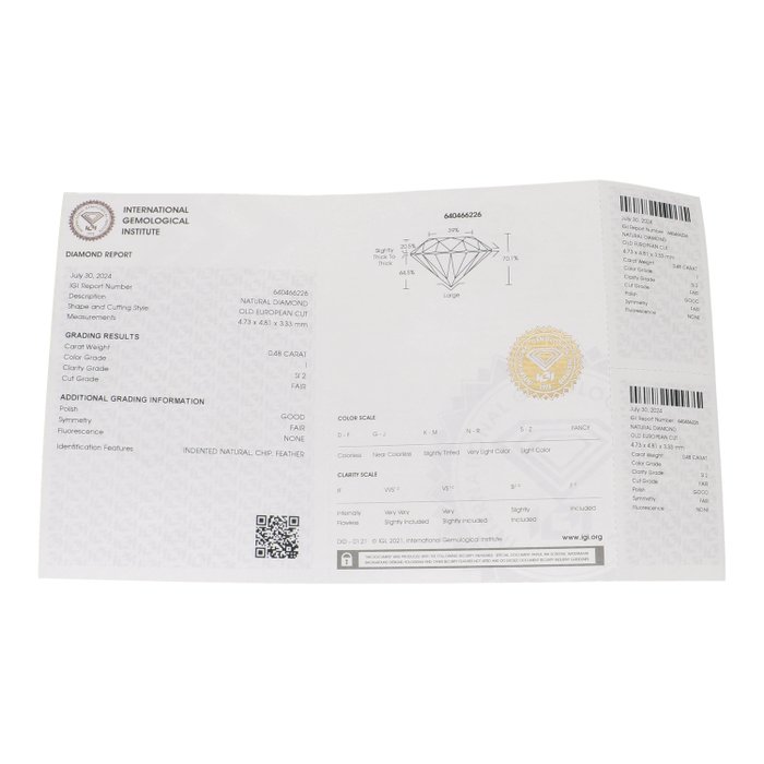 Ingen mindstepris - 1 pcs Diamant  (Natur)  - 0.48 ct - Rund - I - SI2 - International Gemological Institute (IGI)