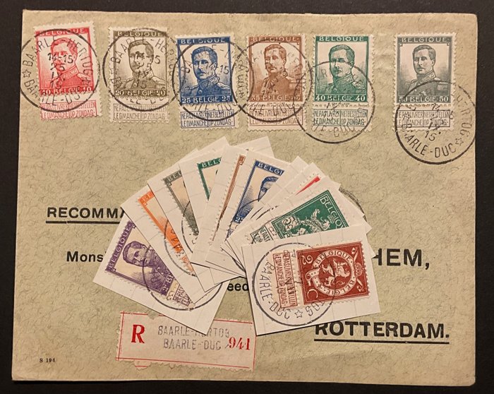 Belgien 1912 - Pellens udgave - Udvalg af frimærker med stempling blandt andet BAARLE-HERTOG på brev - ex. OBP 108/125