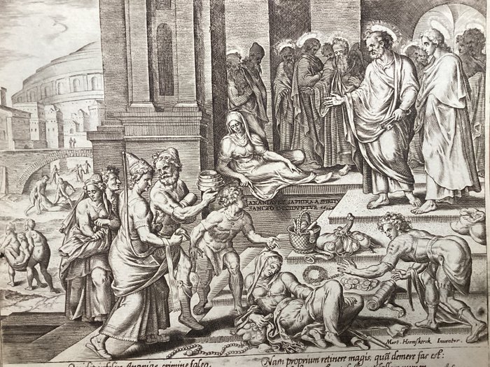 Maarten van Heemskerck (1498-1574), after, by Philips Galle (1537-1612) - Sapphira accused of fraud by St. Peter