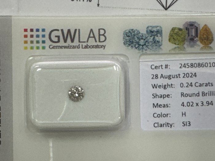 Ingen mindstepris - 1 pcs Diamant  (Natur)  - 0.24 ct - Rund - H - SI3 - Gemewizard Gemological Laboratory (GWLab)