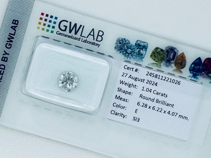 Ingen mindstepris - 1 pcs Diamant  (Natur)  - 1.04 ct - Rund - E - SI3 - Gemewizard Gemological Laboratory (GWLab)