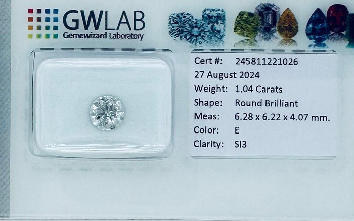 Ingen mindstepris - 1 pcs Diamant  (Natur)  - 1.04 ct - Rund - E - SI3 - Gemewizard Gemological Laboratory (GWLab)