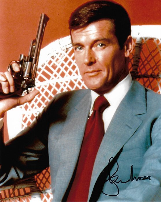 Roger Moore - Autographed Photo James Bond 007 in classic Bond pose with gun b'bc COA.