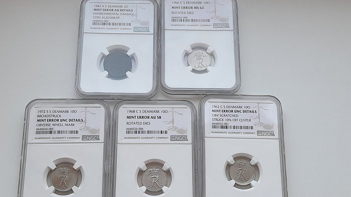 Danmark. 5 Denmark error coins in NGC holders.. 2 öre-10öre 1942-1972. 1942-1972. 4xerror  10öre + 1x 2 öre .