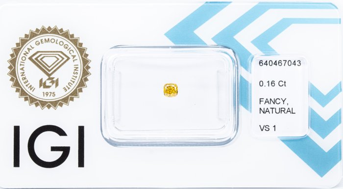 Ingen mindstepris - 1 pcs Diamant  (Naturfarvet)  - 0.16 ct - Pude - Fancy intense Gul - VS1 - International Gemological Institute (IGI)