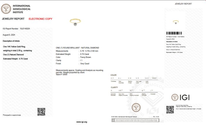 Ingen mindstepris - Ring - 14 karat Gulguld -  0.75ct. tw. Brun Diamant (Naturfarvet) - IGI