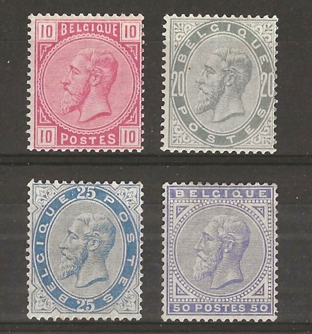 Belgien 1883 - komplet serie Leopold II Nye typer: 10c Pink, 20c Pearl Grey, 25c Light Blue, 50c Light Violet - OBP/COB 38/41