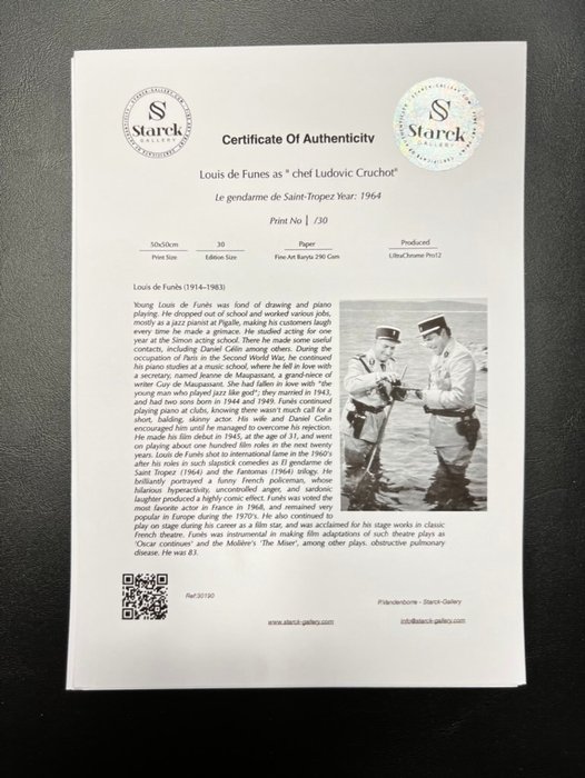 Louis de Funes as " chef Ludovic Cruchot" - Le gendarme de Saint-Tropez Year: 1964 - Fine Art Photography - Luxury Wooden Framed 70X50 cm - Limited Edition Nr 03 of 30 - Serial ID 30190 - Original Certificate (COA), Hologram Logo Editor and QR Code - 100% New items.