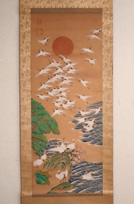 Rising sun and Wave - Pine and Plum - A Flock of Cranes - ​Hanging Scroll - Showa - After Ito Jakuchu 伊藤若冲 (1716-1800) - Japan  (Ingen mindstepris)