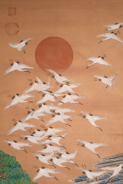 Rising sun and Wave - Pine and Plum - A Flock of Cranes - ​Hanging Scroll - Showa - After Ito Jakuchu 伊藤若冲 (1716-1800) - Japan  (Ingen mindstepris)