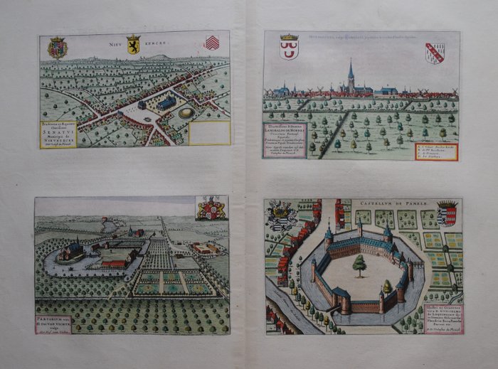 Belgien - Nieuwkerke, Vichte, Oudenaarde; Frankrig, Hondschoote; J. Blaeu - [4 afbeeldingen] - 1621-1650