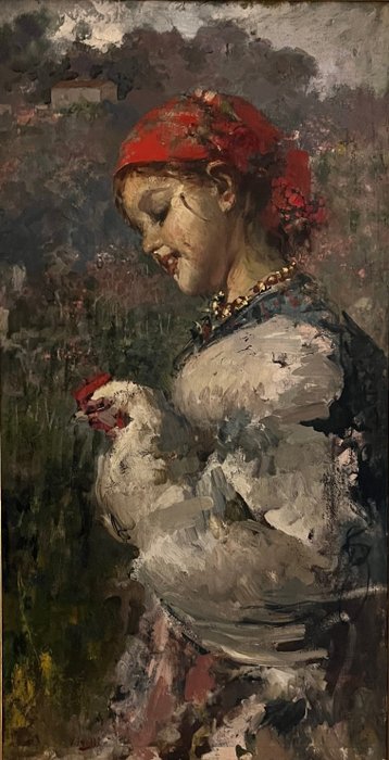 Vincenzo Irolli (1860-1949) - Ragazza con gallina nel paesaggio