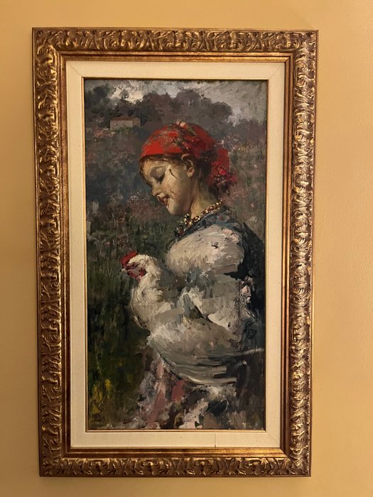 Vincenzo Irolli (1860-1949) - Ragazza con gallina nel paesaggio