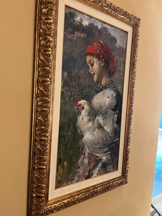 Vincenzo Irolli (1860-1949) - Ragazza con gallina nel paesaggio