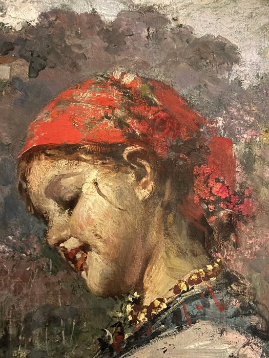 Vincenzo Irolli (1860-1949) - Ragazza con gallina nel paesaggio