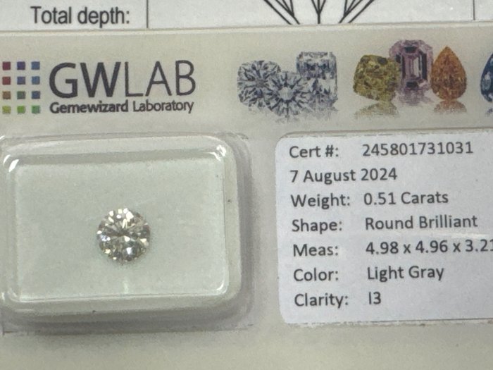 Ingen mindstepris - 1 pcs Diamant  (Naturfarvet)  - 0.51 ct - Rund - Light Grå - I3 - Gemewizard Gemological Laboratory (GWLab)