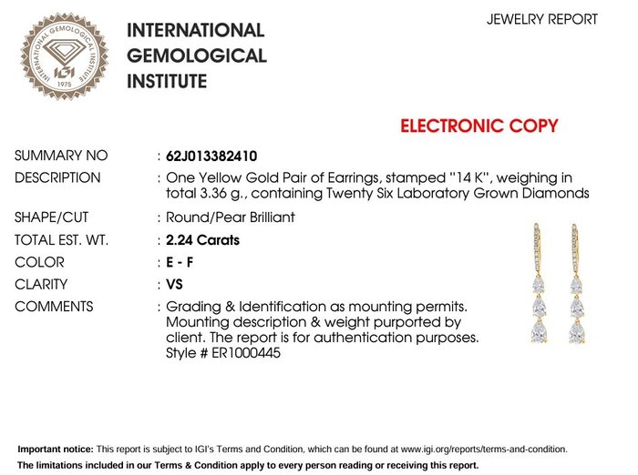 Øreringe - 14 karat Gulguld -  2.24ct. tw. Diamant (Laboratoriedyrket)