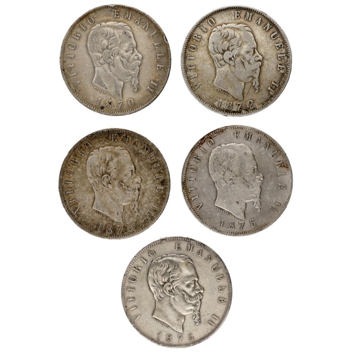 Italien. Vittorio Emanuele II di Savoia (1861-1878). 5 Lire 1870/1876 (5 stuks)  (Ingen mindstepris)