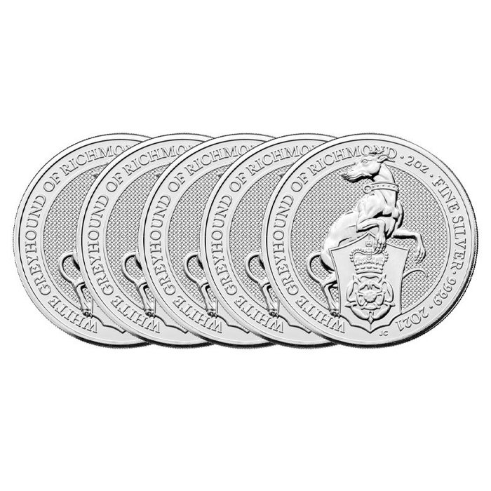 Storbritannien. 5 x 2 oz 2021 £5 GBP UK Silver Queen's Beasts White Greyhound of Richmond Coin BU