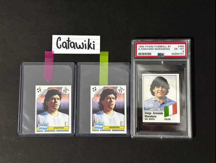 1986 Panini Diego Maradona Fussball 87 PSA 6  2x Italia '90 stickers #128 Mixed collection - Glimrende (EX)