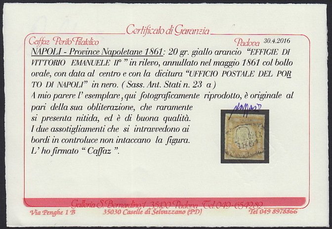 Antikke Italienske Stater - Napoli 1861 - Napolitanske provinser, 20 korn gul orange brugt med original annullering - Sassone ASI n. 23a