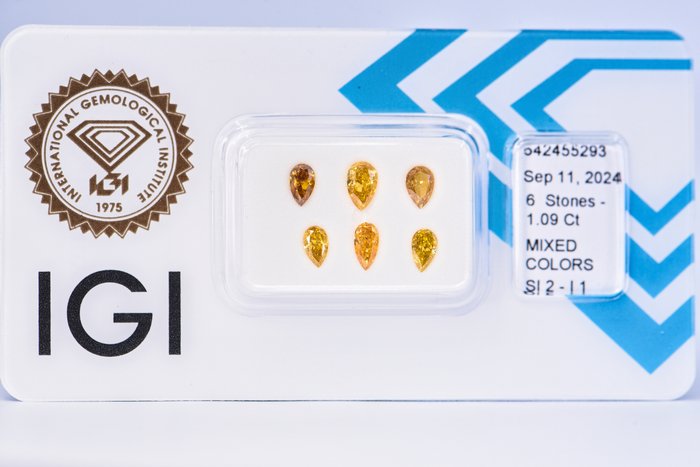 Ingen mindstepris - 6 pcs Diamant  (Naturfarvet)  - 1.09 ct - Pære - Fancy deep, Fancy vivid Gul Blandet orange, Orange - I1, SI2 - International Gemological Institute (IGI)