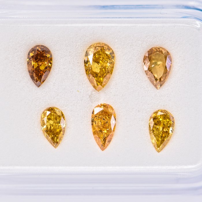 Ingen mindstepris - 6 pcs Diamant  (Naturfarvet)  - 1.09 ct - Pære - Fancy deep, Fancy vivid Gul Blandet orange, Orange - I1, SI2 - International Gemological Institute (IGI)