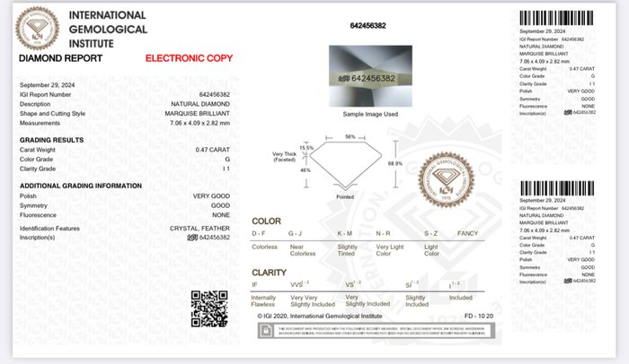 1 pcs Diamant  (Natur)  - 0.47 ct - Marquise - G - I1 - International Gemological Institute (IGI)