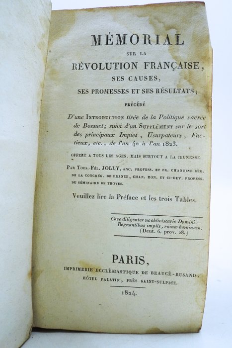 Tous.-Fel Jolly - Mémorial sur la Révolution française, ses causes, ses promesses et ses résultats - 1824