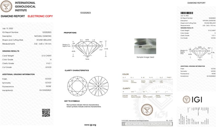 1 pcs Diamant  (Natur)  - 0.13 ct - Rund - H - VVS1 - International Gemological Institute (IGI)