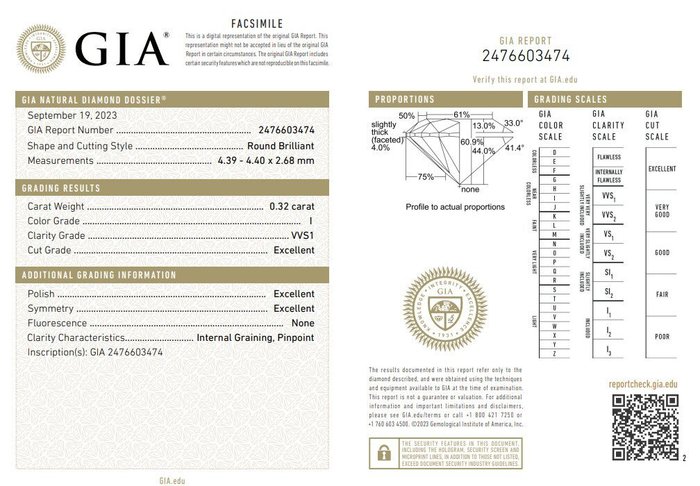 1 pcs Diamant  (Natur)  - 032 ct - Rund - I - VVS1 - Gemological Institute of America (GIA)