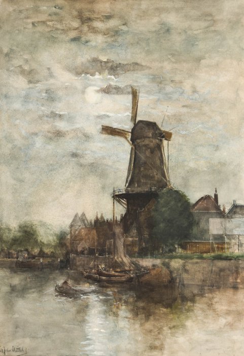 Fredericus Jacobus van Rossum Du Chattel (1856-1917) - Wind mill by the moonlight