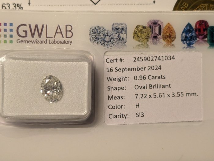 Ingen mindstepris - 1 pcs Diamant  (Natur)  - 0.96 ct - Oval - H - SI3 - Gemewizard Gemological Laboratory (GWLab)