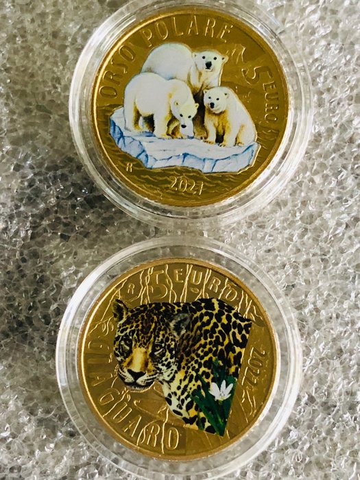 Italien 5 Euro 2021/2022 "Orso Polare" + "Giaguaro" (2 monete) Proof  (Ingen mindstepris)