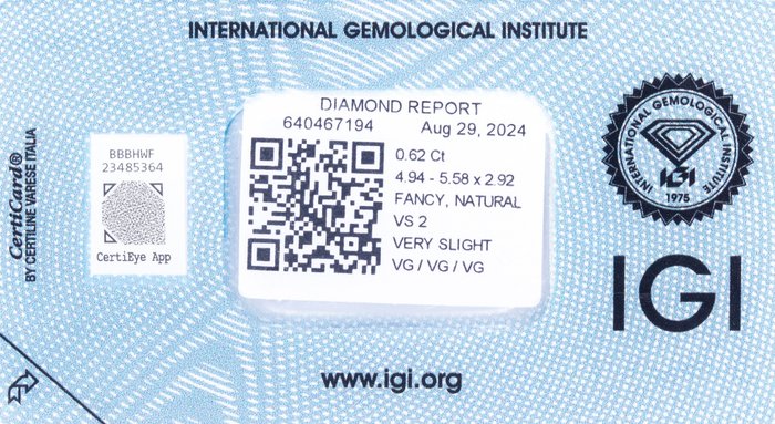 Ingen mindstepris - 1 pcs Diamant  (Naturfarvet)  - 0.62 ct - Hjerte - Fancy intense Brunlig Gul - VS2 - International Gemological Institute (IGI)