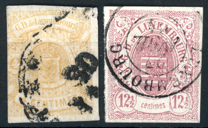 Luxembourg 1859 - Luxembourg - gestempelte 4 C gelb und ideal gestempelte 12 1/2 C rosa, Mi.Nr. 5 und 7