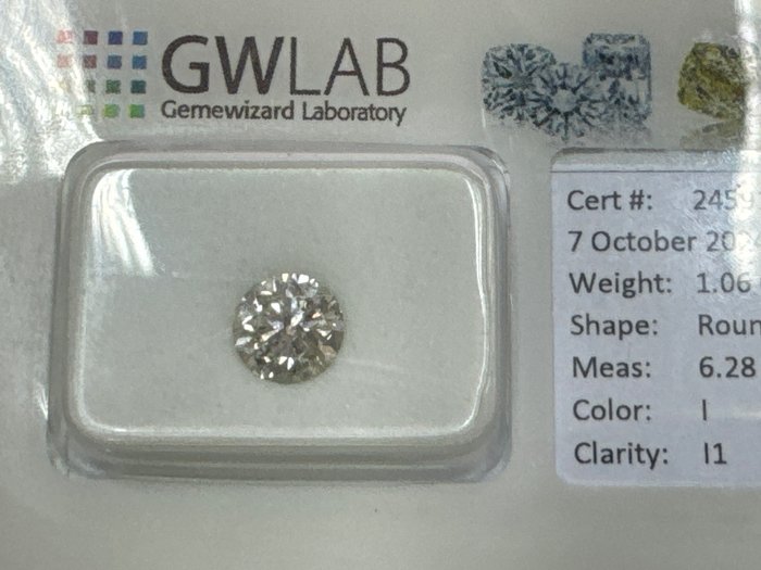 Ingen mindstepris - 1 pcs Diamant  (Natur)  - 1.06 ct - Rund - I - I1 - Gemewizard Gemological Laboratory (GWLab)