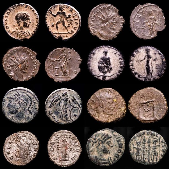 Romarriket Lot comprising eight (8) AE coins: Antoninianus Follis Maiorinas Maximianus I Gallienus Victorinus (2) Divo Claudio Constantinopolis and Constantine (2)  (Ingen mindstepris)